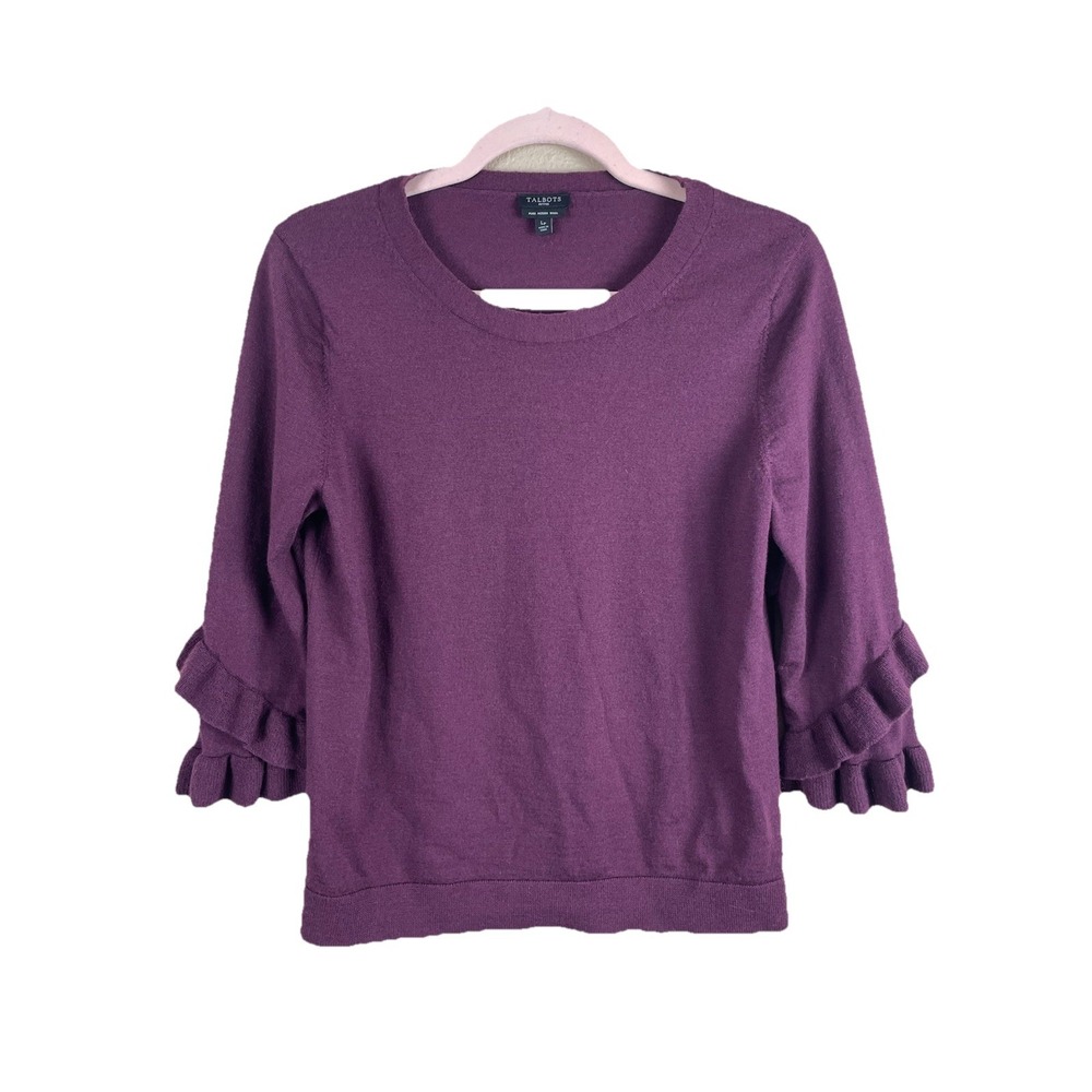 Talbots Merlot Purple 100% Merino Wool Bell Flare Ruffle Sleeve Sweater LPetites